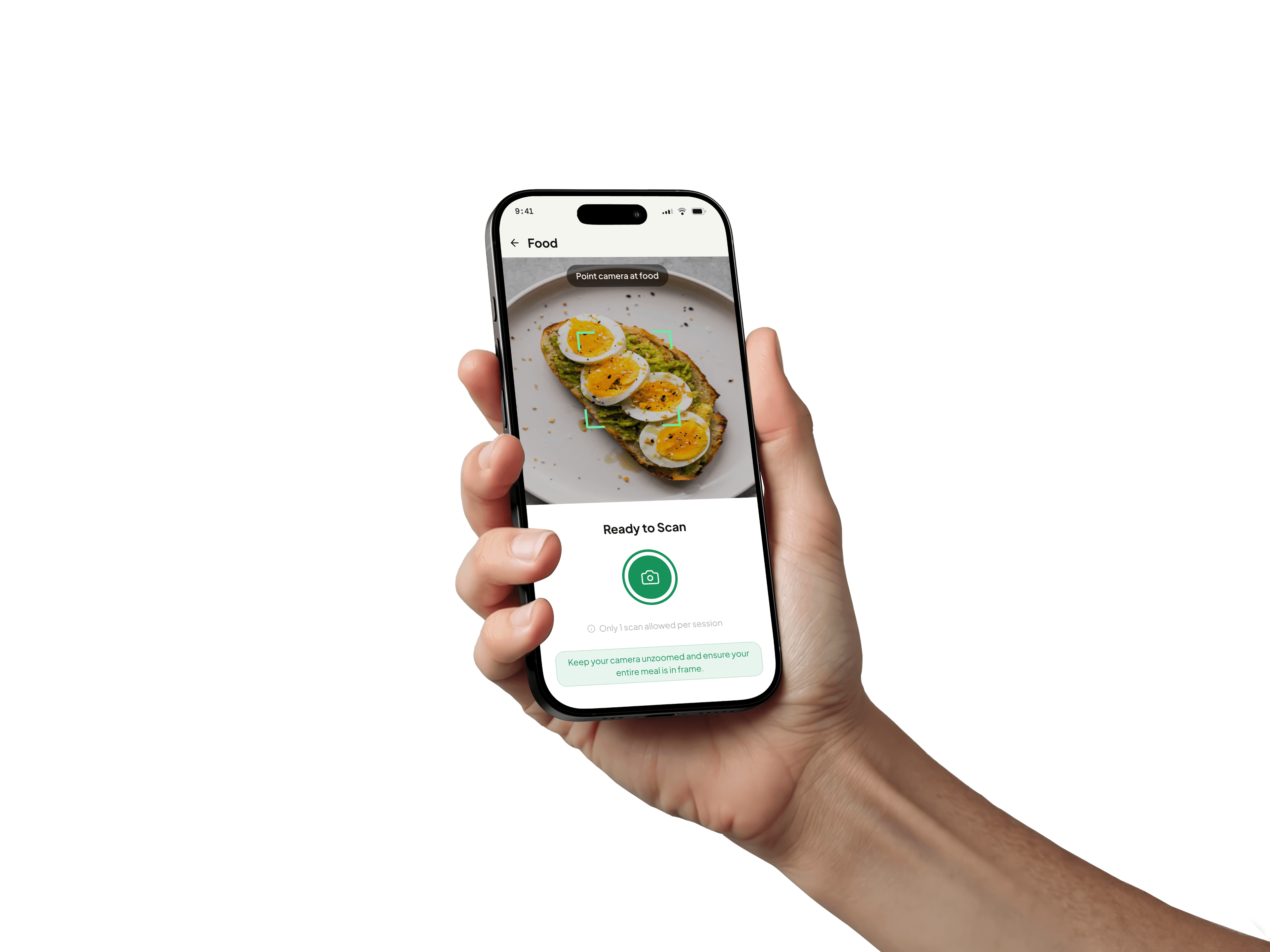A hand holding a phone scanning a plate of eggs on toast