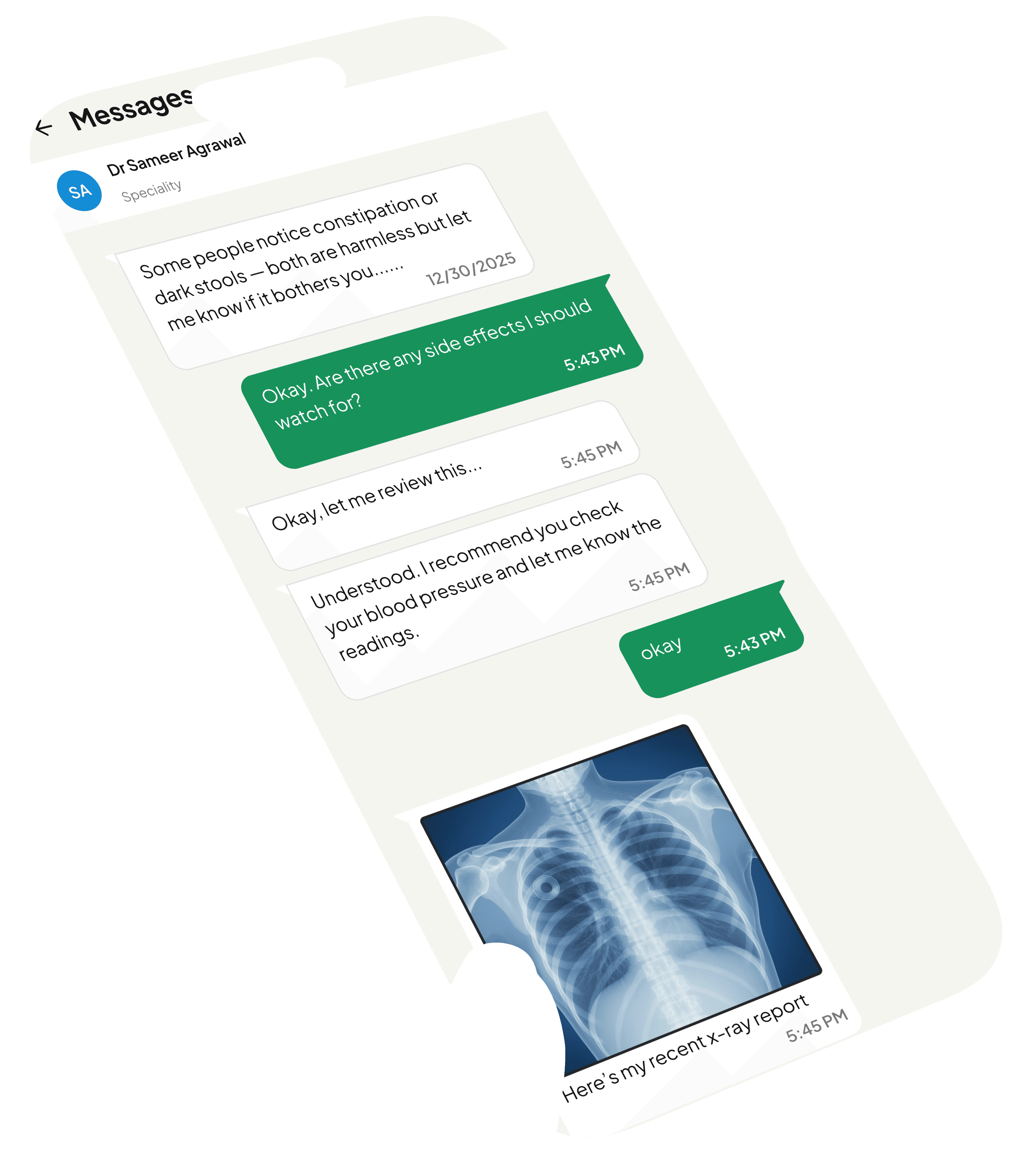 Hands holding a phone with a Meddy physician conversation