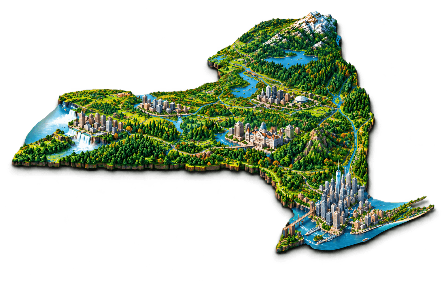 Illustrated New York State map showing Buffalo, Rochester, Syracuse, Albany, and New York City.
