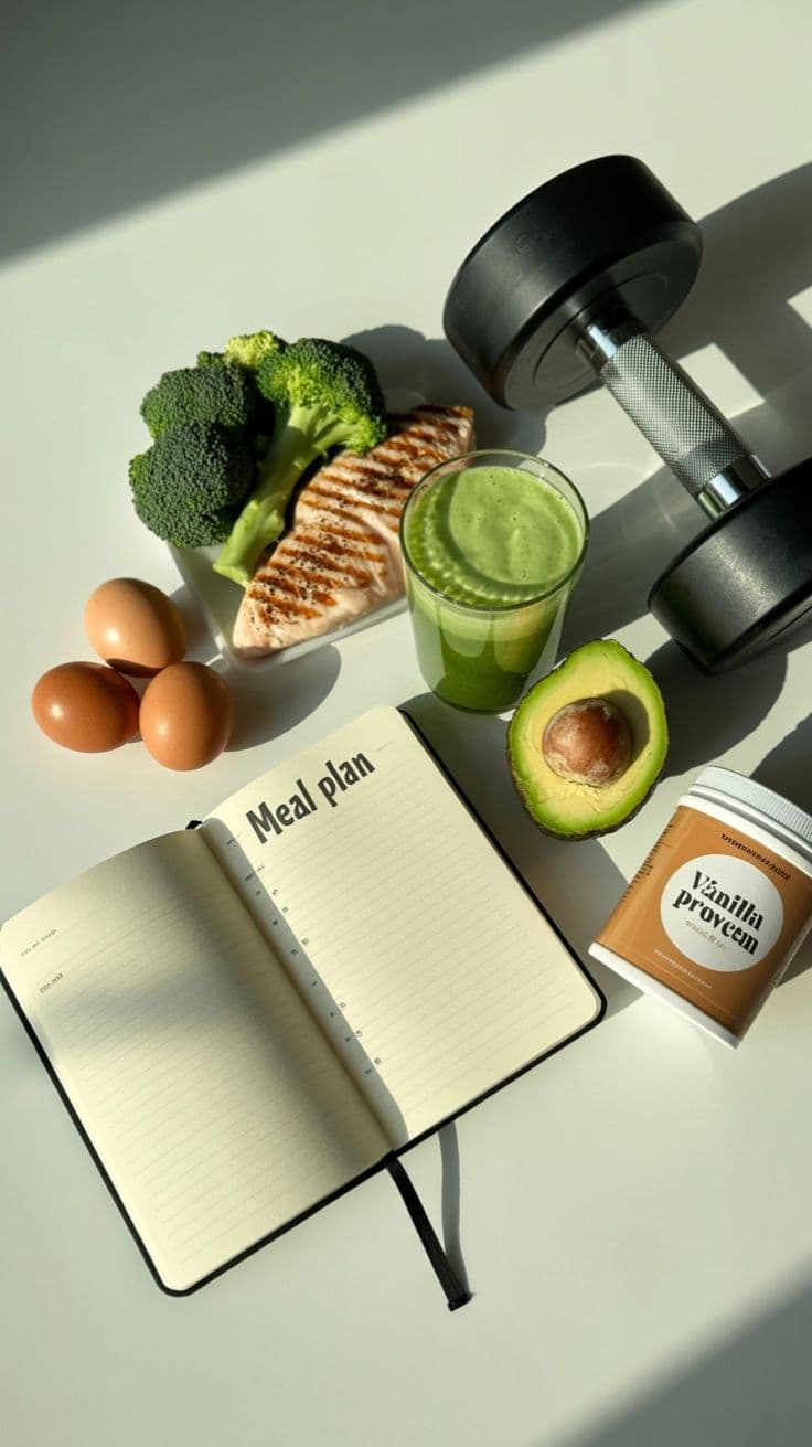 Healthy meal, smoothie, and a meal planning notebook