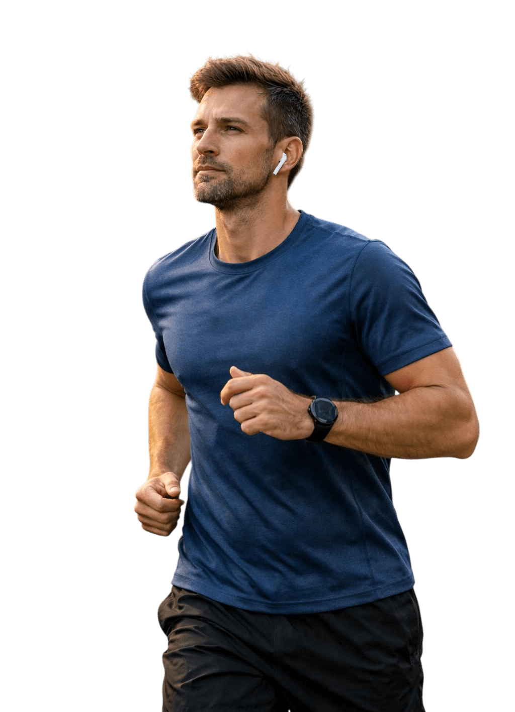 Runner wearing earbuds and a fitness watch