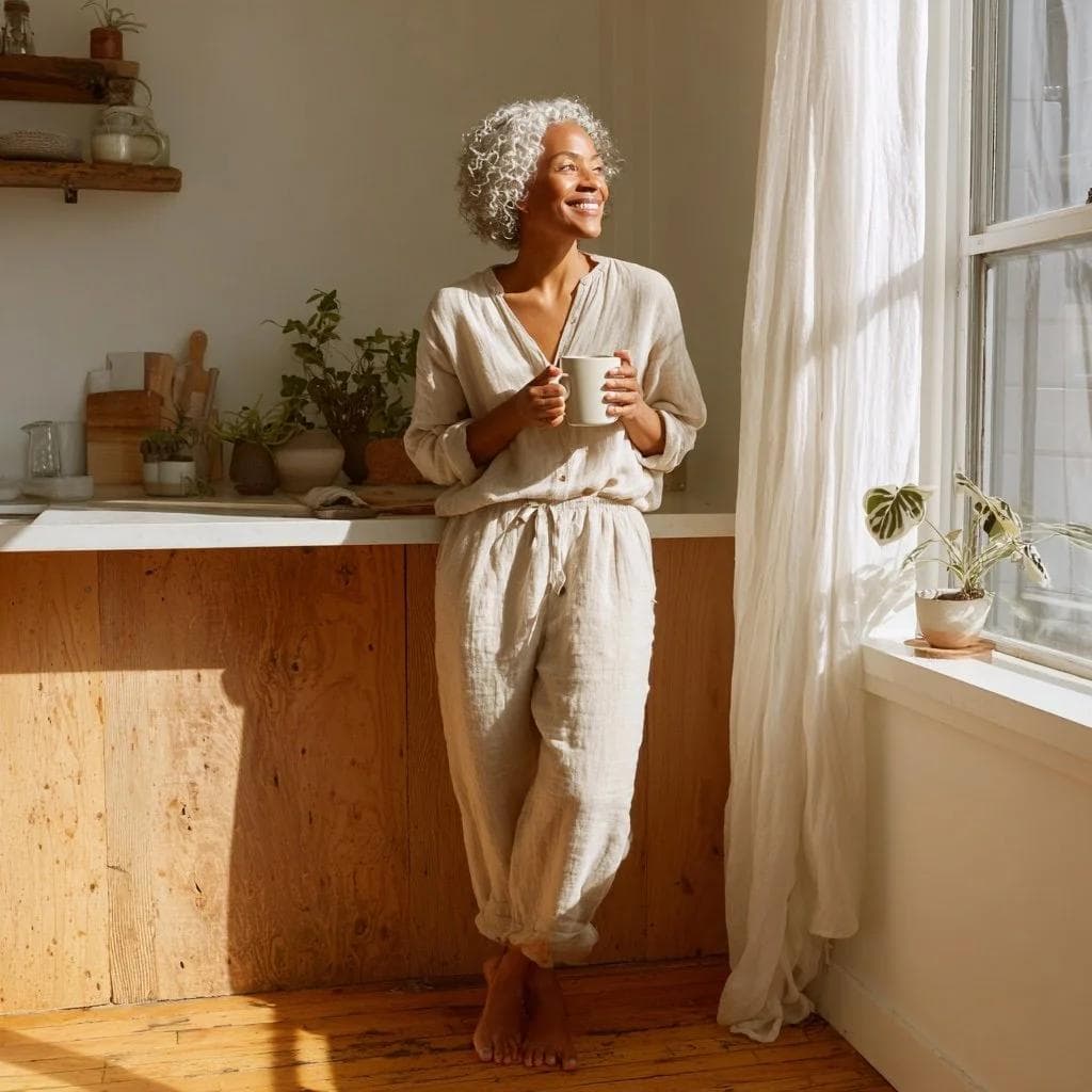 A woman enjoying a cup of tea in a sunlit kitchen