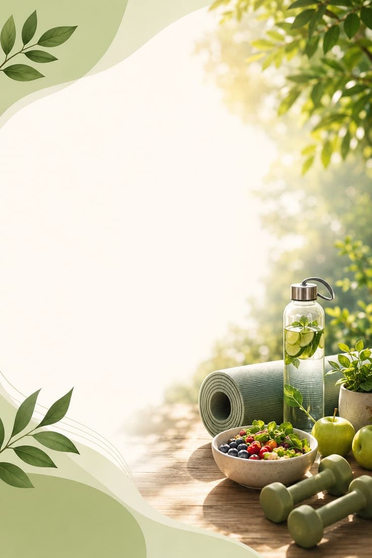 Healthy food, water and weights on a sunlit table