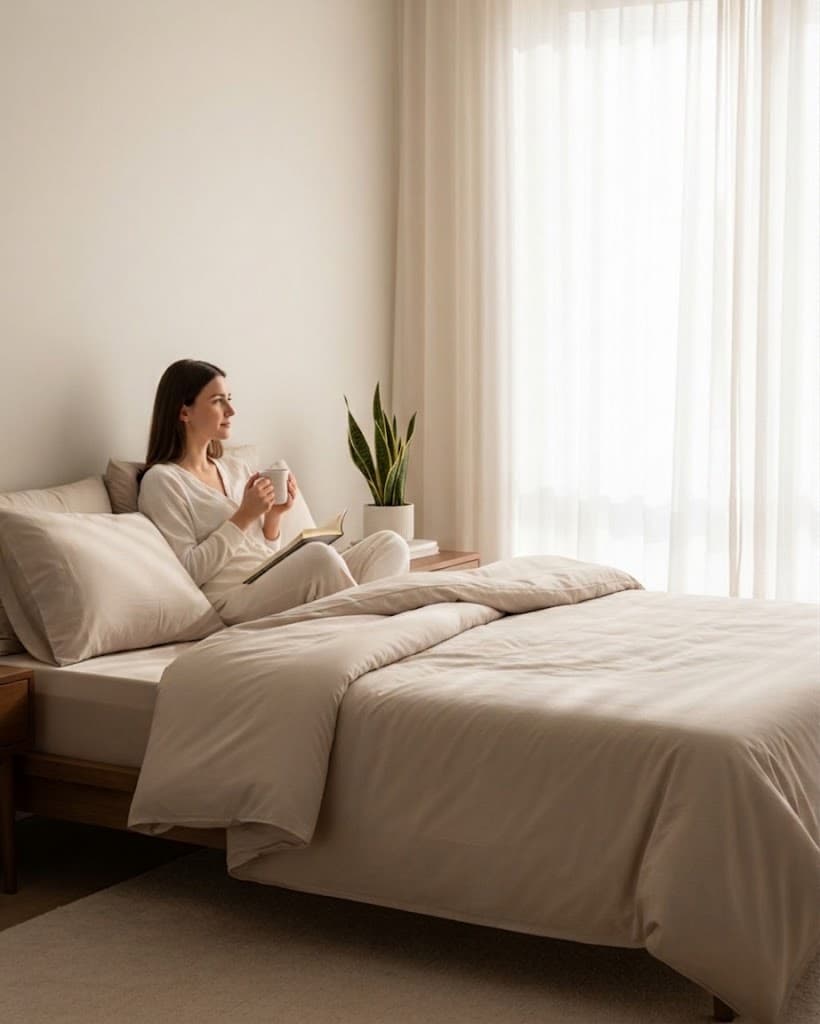 Woman resting in bed with a book
