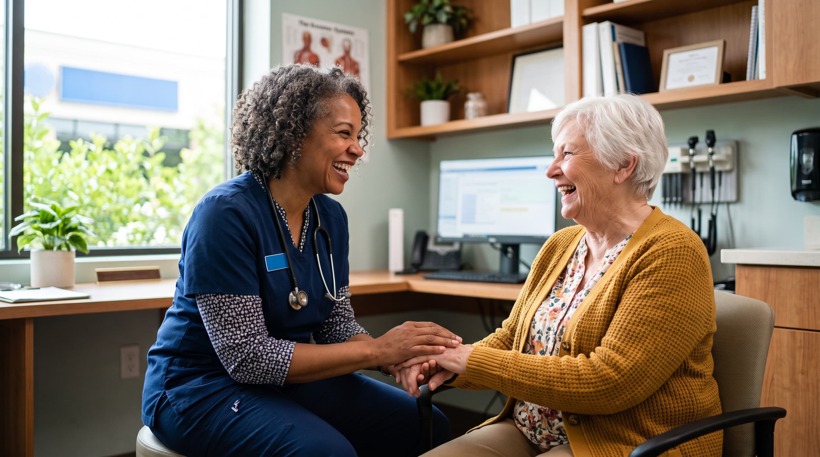 A physician and patient sharing a warm conversation